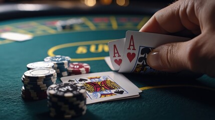A player holds two aces at a blackjack table, surrounded by colorful chips. The dim lighting creates an engaging atmosphere typical of a lively casino