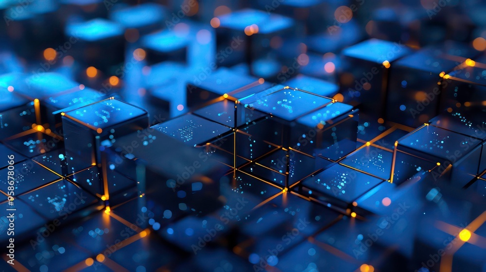 Poster abstract futuristic background with glowing cubes.