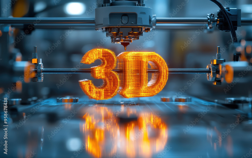 Poster close-up of printer crafting a glowing text with precise details, representing advanced technology a