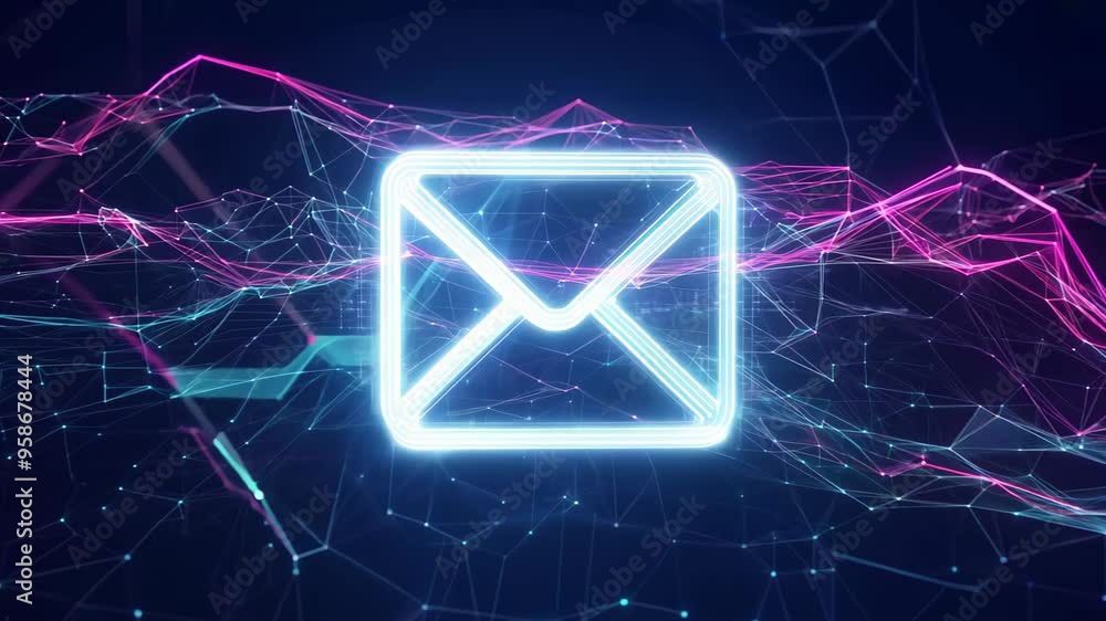 Poster a vibrant digital illustration showcases a glowing envelope icon at its center, symbolizing email an
