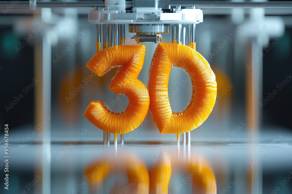 Poster close-up of a printer creating a detailed orange -printed object in the shape of the number . innova