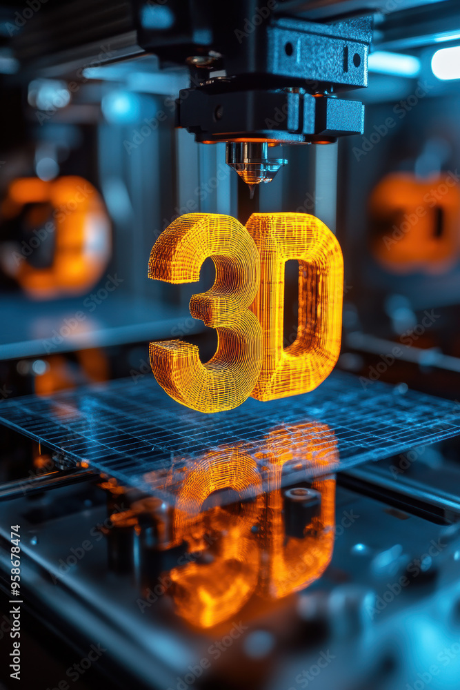 Poster close-up of an advanced printer creating an orange model. technology and innovation in additive manu