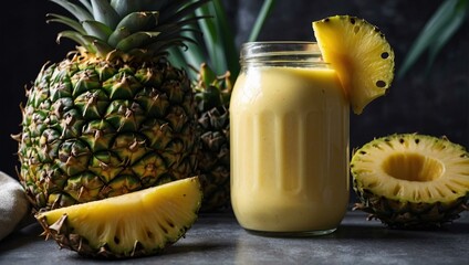 Refreshing pineapple smoothie in a glass jar with realistic pineapple slices.