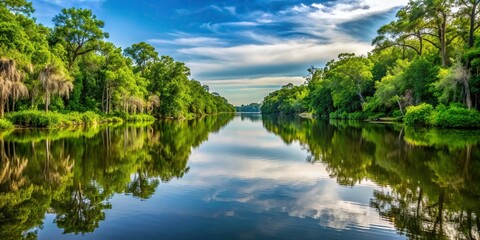 river, sunlight, picturesque scenery, Atchafalaya River in Louisiana during daytime reflecting a symmetrical composition with its calm waters and surrounding lush green vegetation