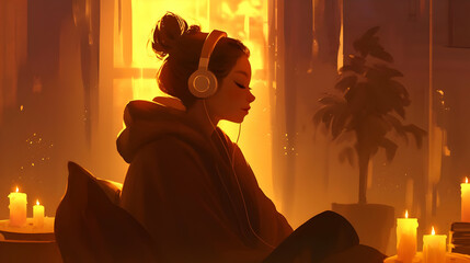 A woman with a serene expression sits in a dark room, illuminated only by the soft flicker of candles around her
