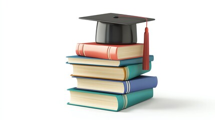 Stack of colorful books topped with a graduation cap symbolizing education and achievement in a minimalist style.