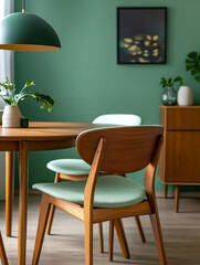 Minimalist, photo of a dining room with light green-finished walls and Scandinavian interior-style tables and chairs. Generative AI
