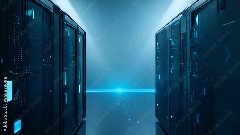 Poster a futuristic data center corridor with glowing blue lights showcases sleek server racks and a lumino
