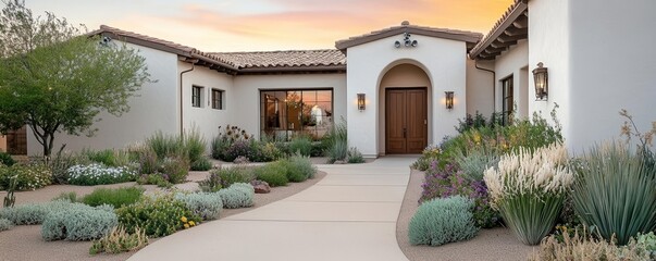 Fototapeta premium Elegant southwestern home with arched doorways, vibrant sunset sky, and meticulously landscaped garden in desert surroundings