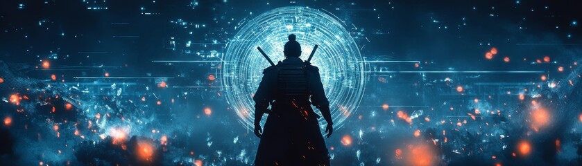 Samurai warrior silhouette in a digital void, with sharp, abstract lines and glowing edges, merging the essence of a warrior with futuristic abstraction