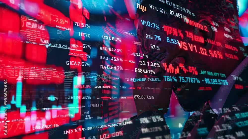 Poster a close-up of a business professional analyzing data amidst vibrant financial graphs and dynamic dig