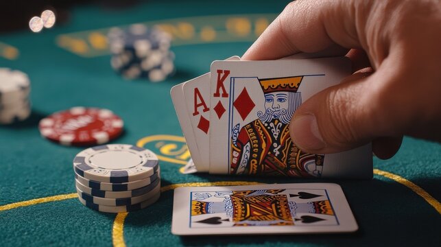 A hand reveals two cards showing an ace and a king on a blackjack table. Colorful chips are scattered around, indicating an engaging casino atmosphere at night