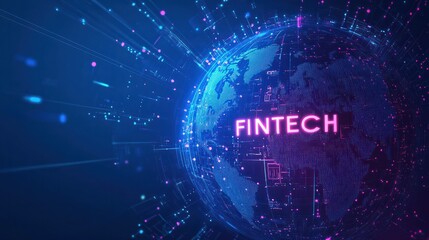 Abstract digital globe with text "FINTECH", global network and financial technology on blue background