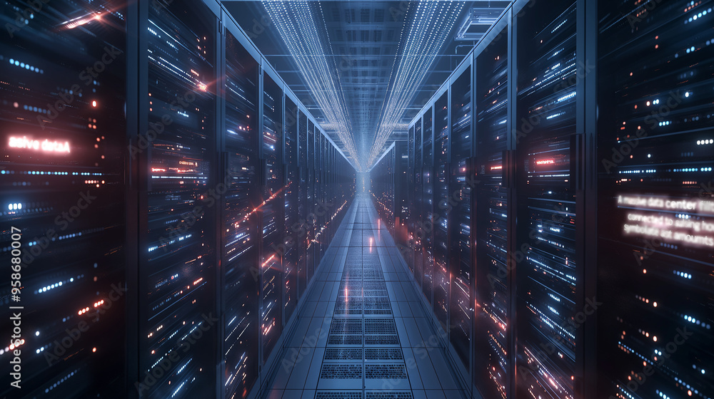 Poster ai in the cloud: a massive data center filled with servers, each connected to a central ai in the cl