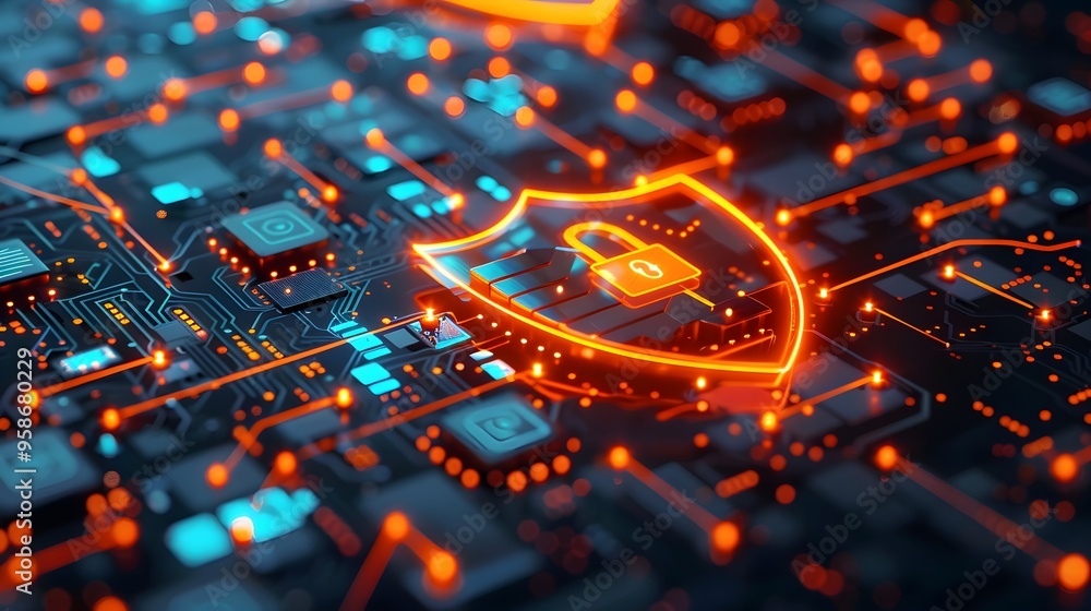 Poster a close-up view of a digital circuit board featuring a glowing shield symbolizing cybersecurity and 