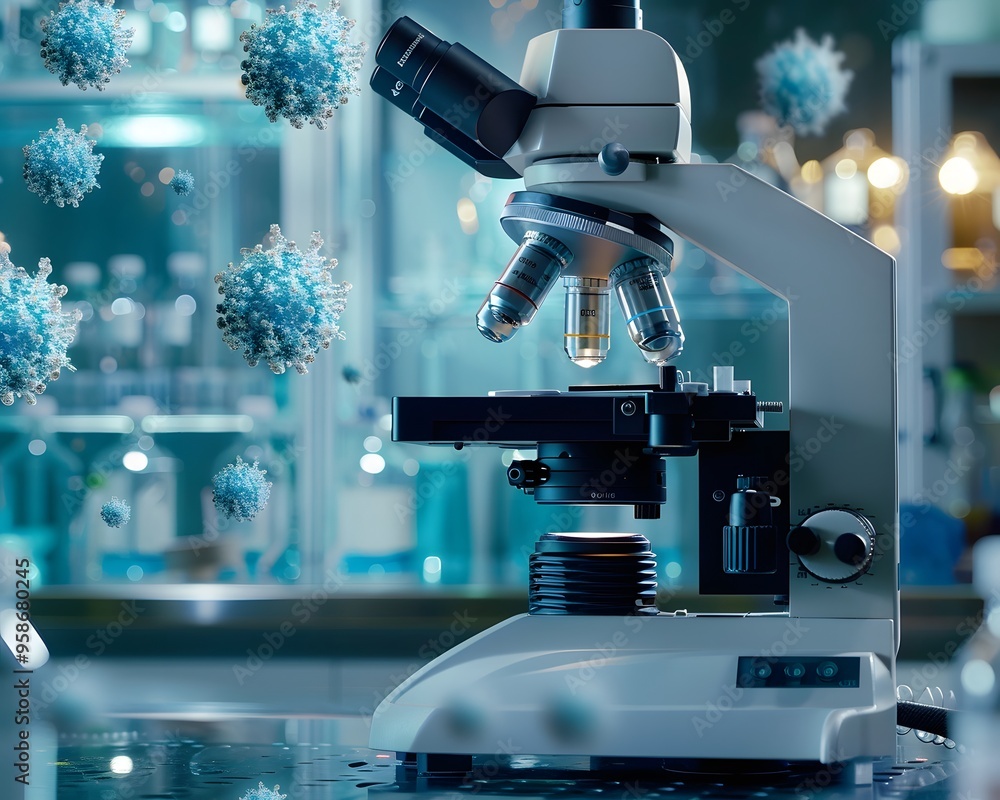Poster a close-up view of a laboratory microscope positioned on a workbench, surrounded by floating virus p