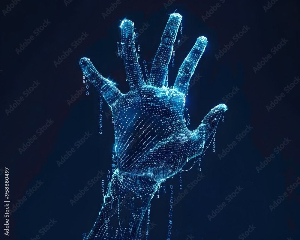 Poster a digital representation of a hand emerging from a futuristic interface, showcasing technology and i