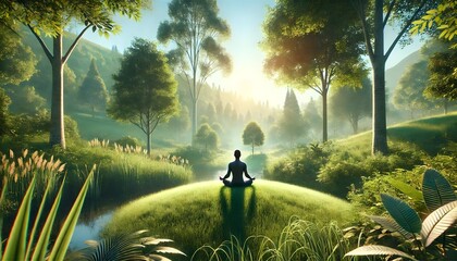 A realistic landscape illustration featuring a calm person meditating in nature. The person is sitting in a serene posture on a soft patch of grass