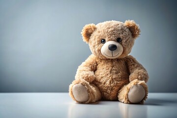 Obraz premium happiness, plain colored background, joyful, playtime, plush, cheerful, A teddy bear with a friendly expression sitting on a plain colored background presenting a panoramic view