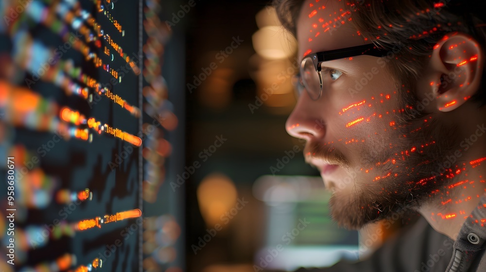 Poster a focused individual analyzes complex data on a digital screen, illuminated by vibrant light pattern