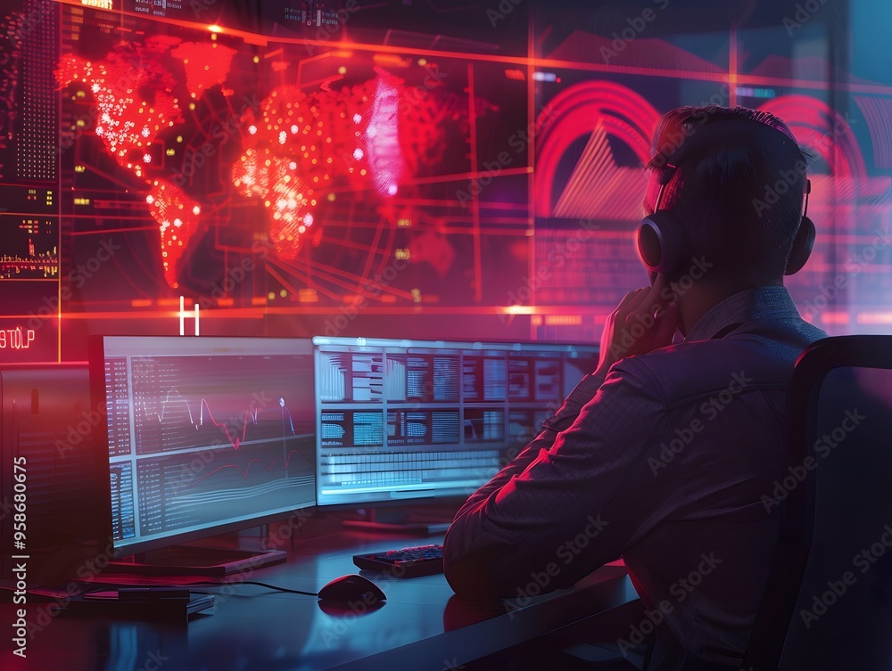 Poster a focused analyst monitors global data trends on multiple screens in a high-tech control room with v