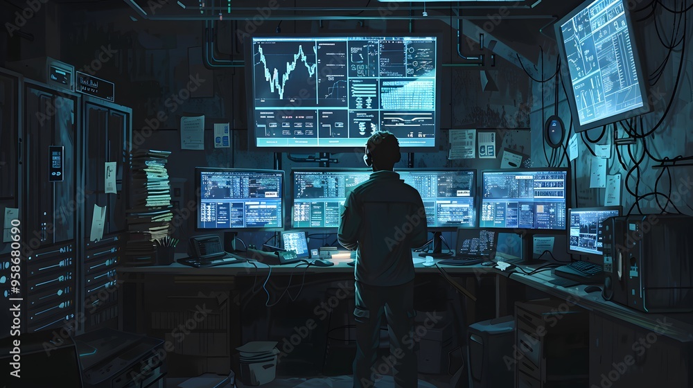 Poster a focused individual analyzes data on multiple screens in a dimly lit control room filled with techn