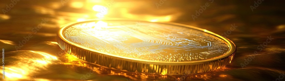 Poster a close-up view of a shiny golden coin glimmering under warm light, symbolizing wealth and prosperit