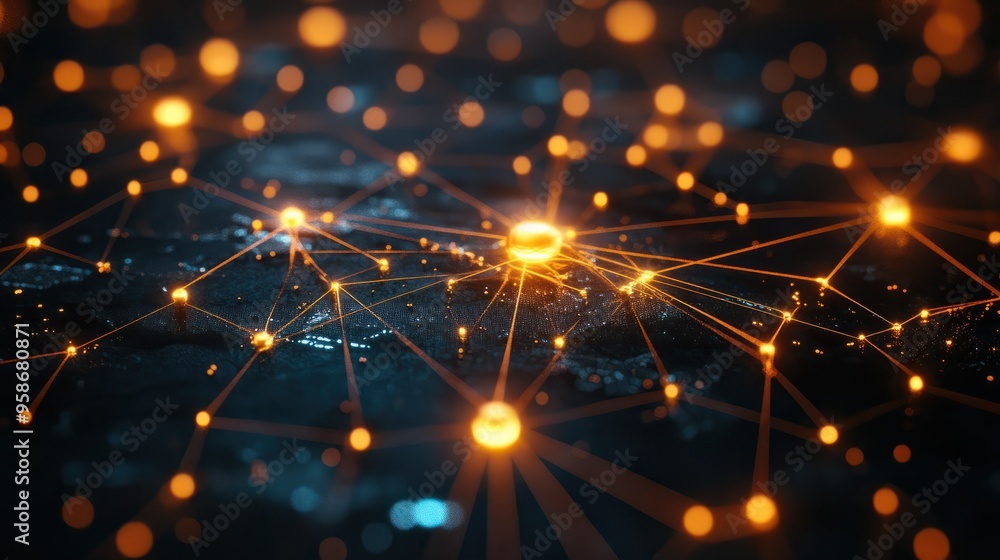Poster abstract network connections with glowing nodes on a dark background