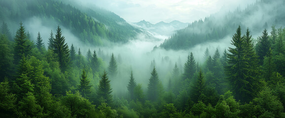 Mountain forest, morning, fog. Background image. Aesthetic image