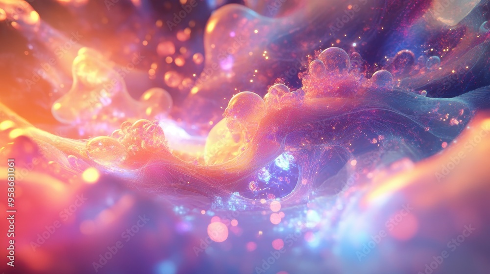 Poster a 3d abstract multicolor visualization with layers of glowing shapes and light, creating a sense of 