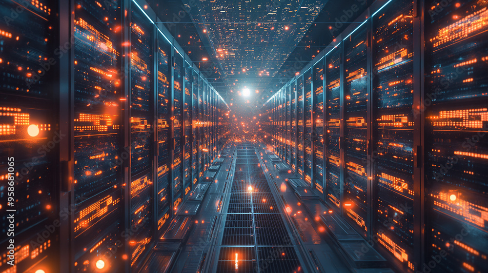Poster ai in the cloud: a massive data center filled with servers, each connected to a central ai in the cl