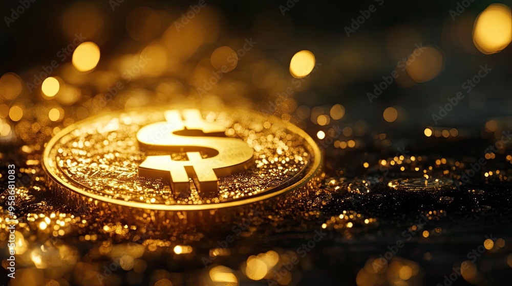 Poster a close-up of a shiny gold dollar coin surrounded by sparkling light, symbolizing wealth and prosper