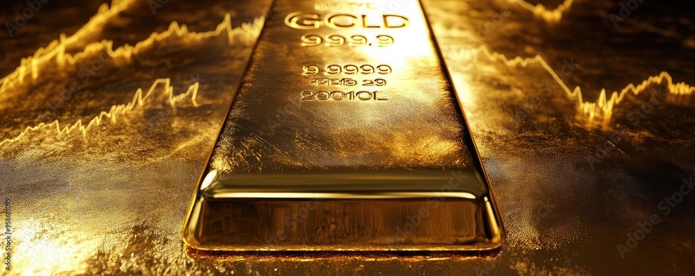 Poster A close-up of a shiny gold bar, symbolizing wealth and prosperity against a golden background with intricate patterns.