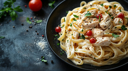 Pasta with chicken and cream sauce on modern kitchen table, text space