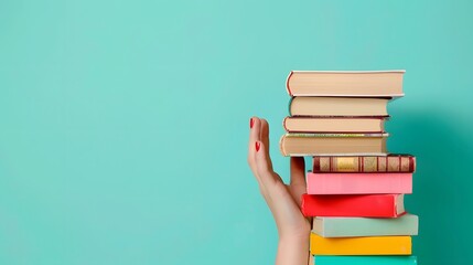 Bookish Harmony: Woman's Hands Clutch Stack of Books, Reflecting Education, Science, Knowledge, and Literary Joy