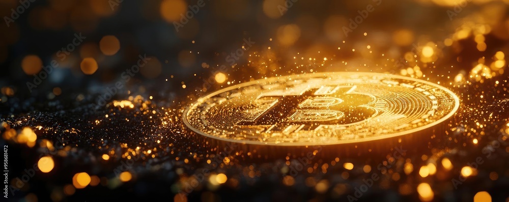 Poster shimmering bitcoin coin surrounded by a golden glow, symbolizing investment and digital currency inn