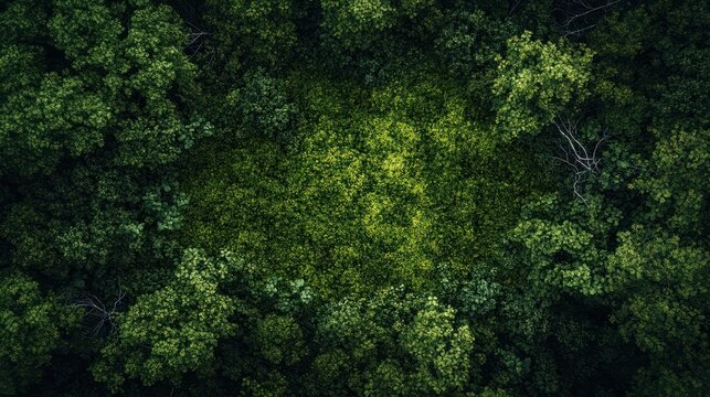Aerial view of a dense forest floor, with vivid moss and twigs, providing ample copy space, devoid of text, logos, brand names, or letters, ultra high resolution, cinematic ambiance - Powered by Adobe