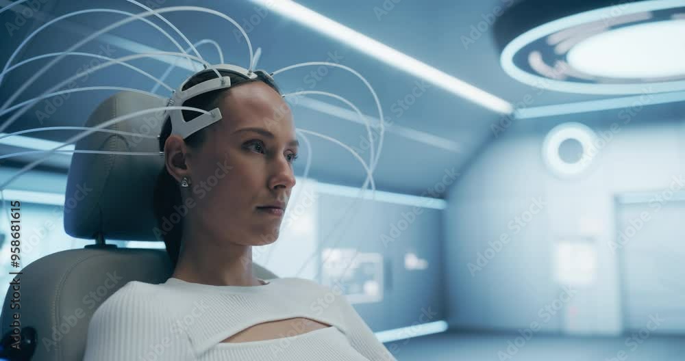 Aufkleber high-tech laboratory: female patient wearing headset for a brain scan with advanced neural technolog