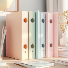 14. Pastel-colored file folders, standing upright on a desk, 3D illustration