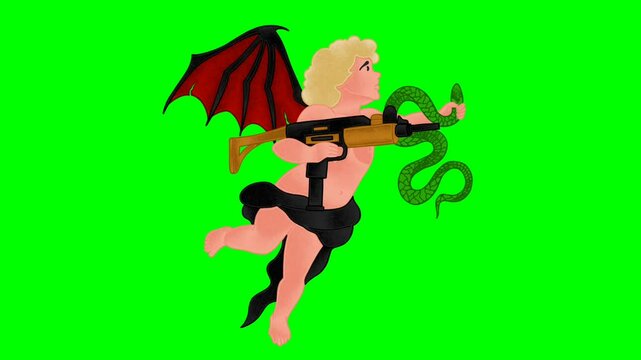 This image shows a small, blonde-haired, chubby child, depicted as naked as a cherub in classical art. He has black and red bat wings, creating an evil feel that contrasts with traditional angel wings