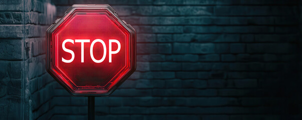 Hightech stop sign, digital hologram, scifi setting, glowing red light