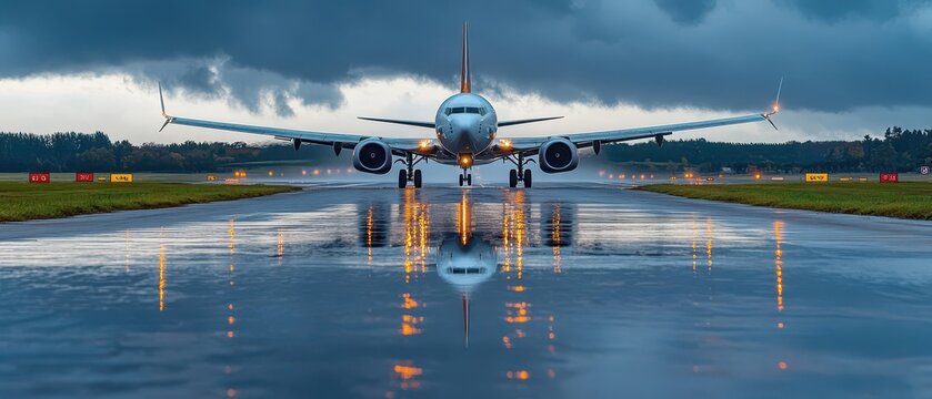 An airplane landing on a wet runway, with reflections of the plane on the surface