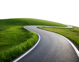  Winding Asphalt Path Through Green Grass, Isolated- A winding stretch of asphalt road curvi_1(274)