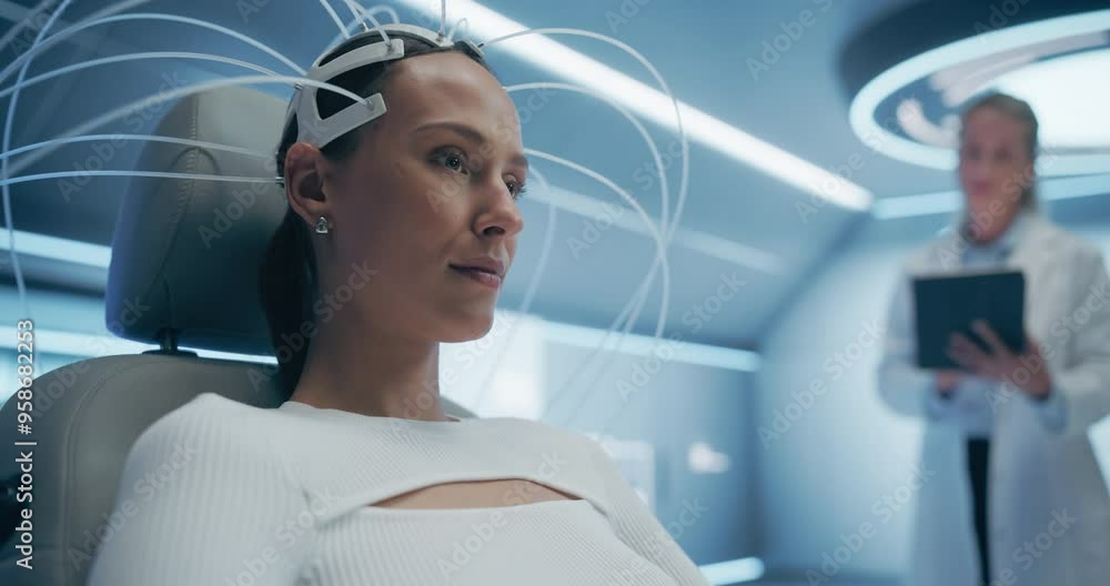 Poster futuristic laboratory, female patient wearing headset for a brain scan with advanced neural technolo