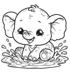 cute elephant play water children coloring page design 