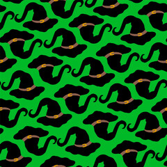 Witch's hat seamless pattern on green. Wizard's hat repeat pattern. Halloween, witchcraft spooky background, texture for paper, fabric design.