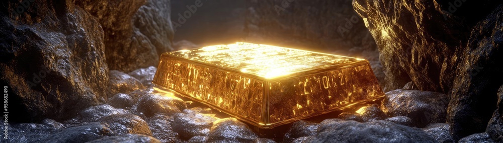 Aufkleber A glowing gold bar resting in a cave, reflecting light and showcasing its metallic texture in a mysterious setting.