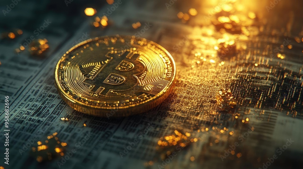 Poster A close-up view of a shiny Bitcoin coin on textured currency, reflecting light. Perfect for financial and cryptocurrency themes.