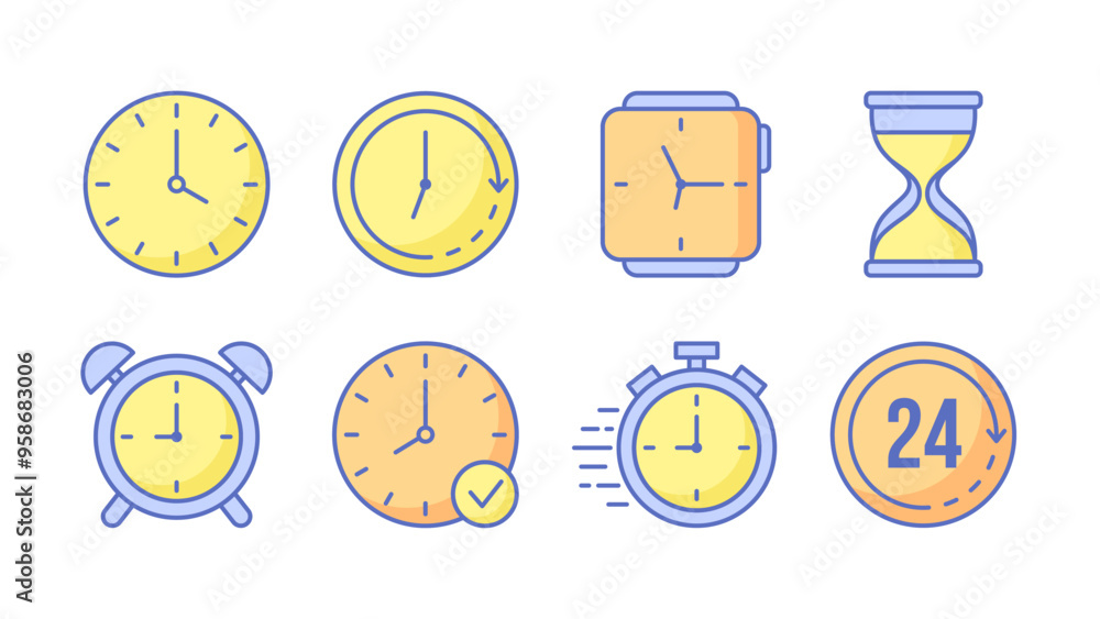 Wall mural set of colorful clock and time icons with editable stroke. vector illustration