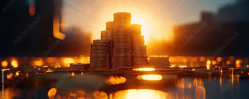 Poster a striking image of stacked coins illuminated by a golden sunset, symbolizing wealth and prosperity 